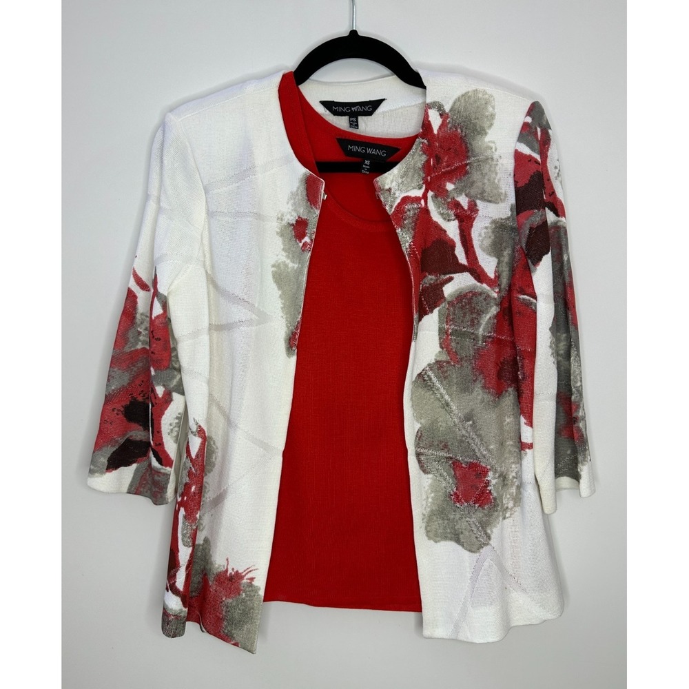 Ming Wang Floral Knit Jacket & Tank Top Set PS XS Red Off White Classy Mature - Picture 2 of 16